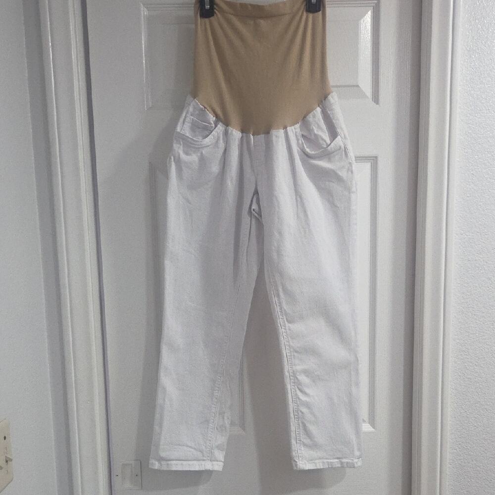Motherhood White and Tan Straight Leg Jeans
